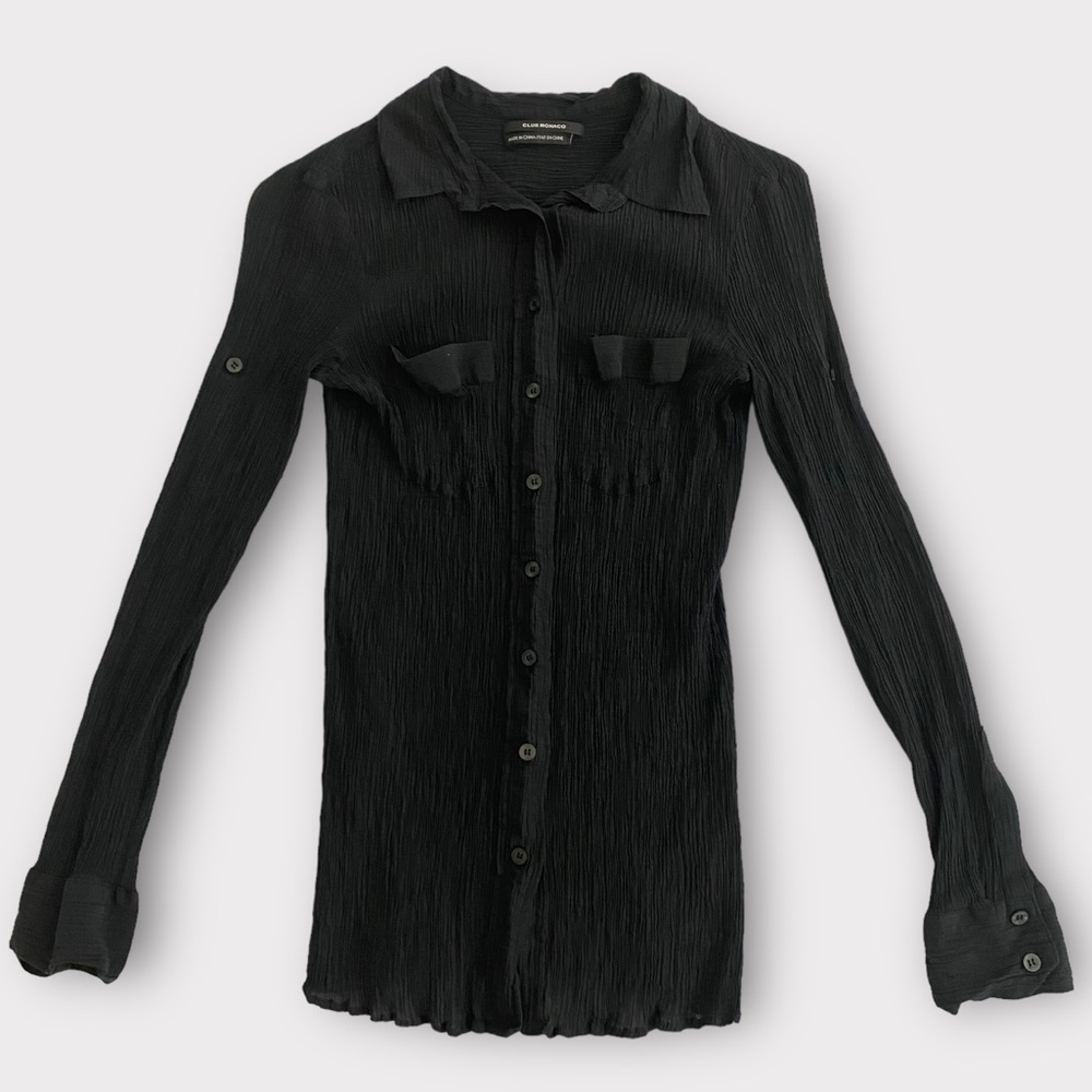 Club Monaco Women’s Shirt Silk Blend Button Up Crinkle Black Semi Sheer Feminine